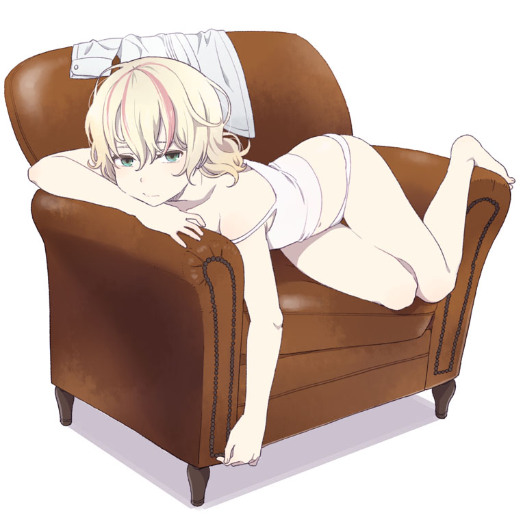 1girl bare_shoulders barefoot blonde_hair blue_eyes couch looking_at_viewer lying mattaku_mousuke navel on_stomach original panties shirt_removed solo strap_slip underwear underwear_only white_panties