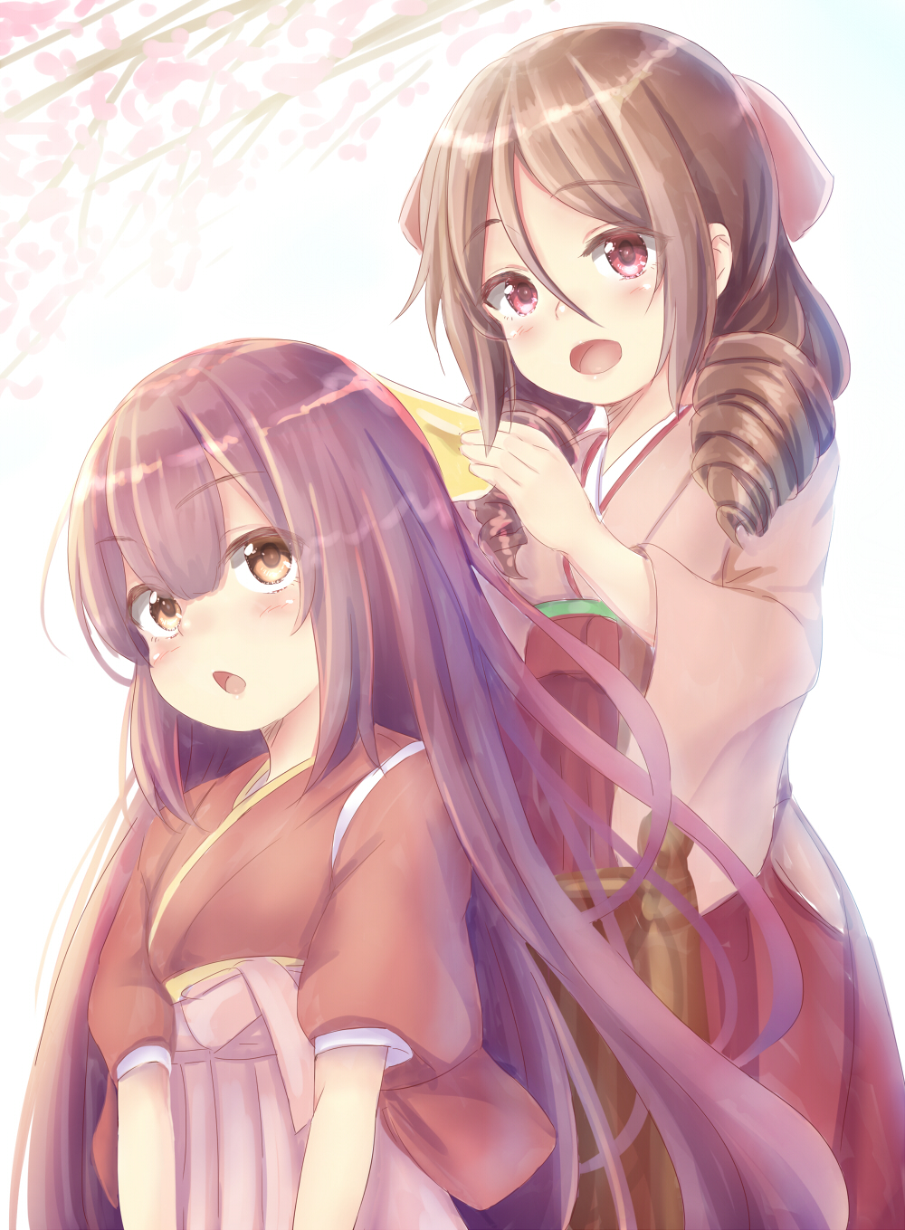 2girls :d :o bangs blunt_bangs blush bow brown_hair chair cowboy_shot drill_hair eyebrows_visible_through_hair hair_between_eyes hair_bow hairdressing hakama hakama_skirt harukaze_(kantai_collection) highres japanese_clothes kamikaze_(kantai_collection) kantai_collection kimono long_hair long_sleeves looking_at_viewer mogera81 multiple_girls open_mouth pink_bow pink_hakama pink_kimono purple_hair red_eyes red_hakama red_kimono short_sleeves simple_background sitting smile standing straight_hair tareme twin_drills upper_body very_long_hair white_background wide_sleeves yellow_bow