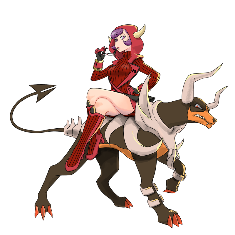 1girl boots breasts claws dress eyebrows_visible_through_hair fake_horns fang full_body glasses glasses_in_mouth half-closed_eyes hand_on_hip high_heels hood horns inanimate_dan kagari_(pokemon) kagari_(pokemon)_(remake) legs legs_crossed long_sleeves looking_at_viewer mega_houndoom mega_pokemon mouth_hold pokemon pokemon_(creature) pokemon_(game) pokemon_oras purple_hair red_eyes ribbed_sweater sharp_teeth sitting spikes sweater sweater_dress team_magma teeth thighs turtleneck turtleneck_sweater vambraces