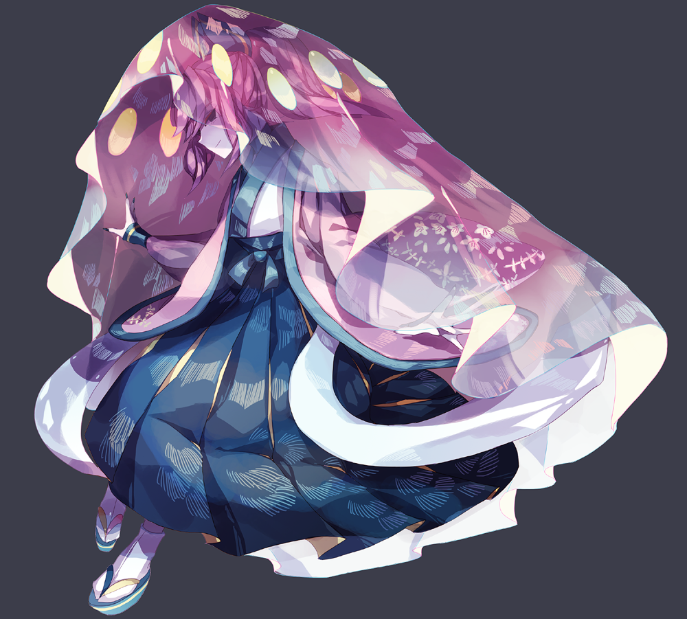 1boy black_nails floral_print full_body inkay japanese_clothes nail_polish outstretched_hand personification pokemon sandals side_glance solo standing suana veil