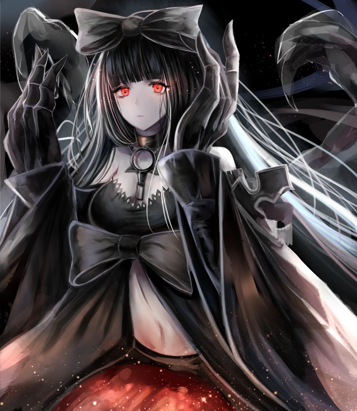 1girl bare_shoulders black_bow black_dress black_hair bow breasts chains claws cleavage collar dress glowing glowing_eyes gothic_lolita hair_bow hands_up highres hime_cut kantai_collection lace lace-trimmed_dress large_bow large_breasts lips lolita_fashion long_hair mechanical_arms moonlight night nikek96 red_eyes seaplane_tender_hime shinkaisei-kan solo very_long_hair
