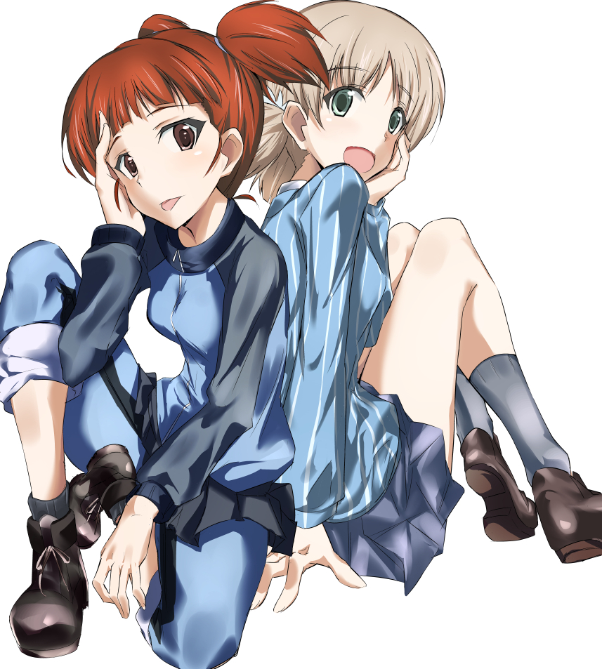 2girls :p aki_(girls_und_panzer) ankle_boots back-to-back bangs blue_boots blue_pants blue_shirt blue_shoes blue_skirt blunt_bangs boots from_behind girls_und_panzer green_eyes grey_legwear grey_skirt hair_tie hand_on_own_face light_brown_hair loafers long_sleeves looking_at_viewer mikko_(girls_und_panzer) military military_uniform miniskirt multiple_girls open_mouth pants pants_rolled_up pants_under_skirt pleated_skirt red_eyes redhead school_uniform shino_(ten-m) shirt shoes short_hair short_twintails simple_background sitting skirt smile socks striped striped_shirt tongue tongue_out track_pants twintails uniform vertical-striped_shirt vertical_stripes white_background