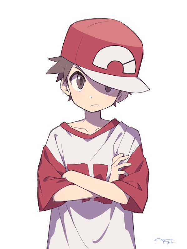1boy agata_(agatha) baseball_cap brown_eyes brown_hair closed_mouth crossed_arms frown hat looking_at_viewer oversized_clothes oversized_shirt pokemon pokemon_(game) pokemon_frlg pokemon_sm red_(pokemon) shirt short_sleeves signature simple_background solo t-shirt upper_body white_background