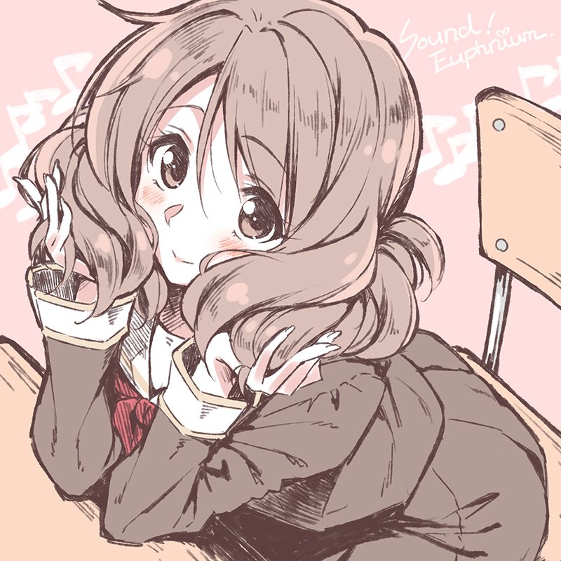 1girl blush chair copyright_name desk elbow_rest hibike!_euphonium holding holding_hair looking_at_viewer multiple_monochrome musical_note oumae_kumiko pink_background piromizu quaver school_desk school_uniform short_hair simple_background skirt smile solo spot_color typo