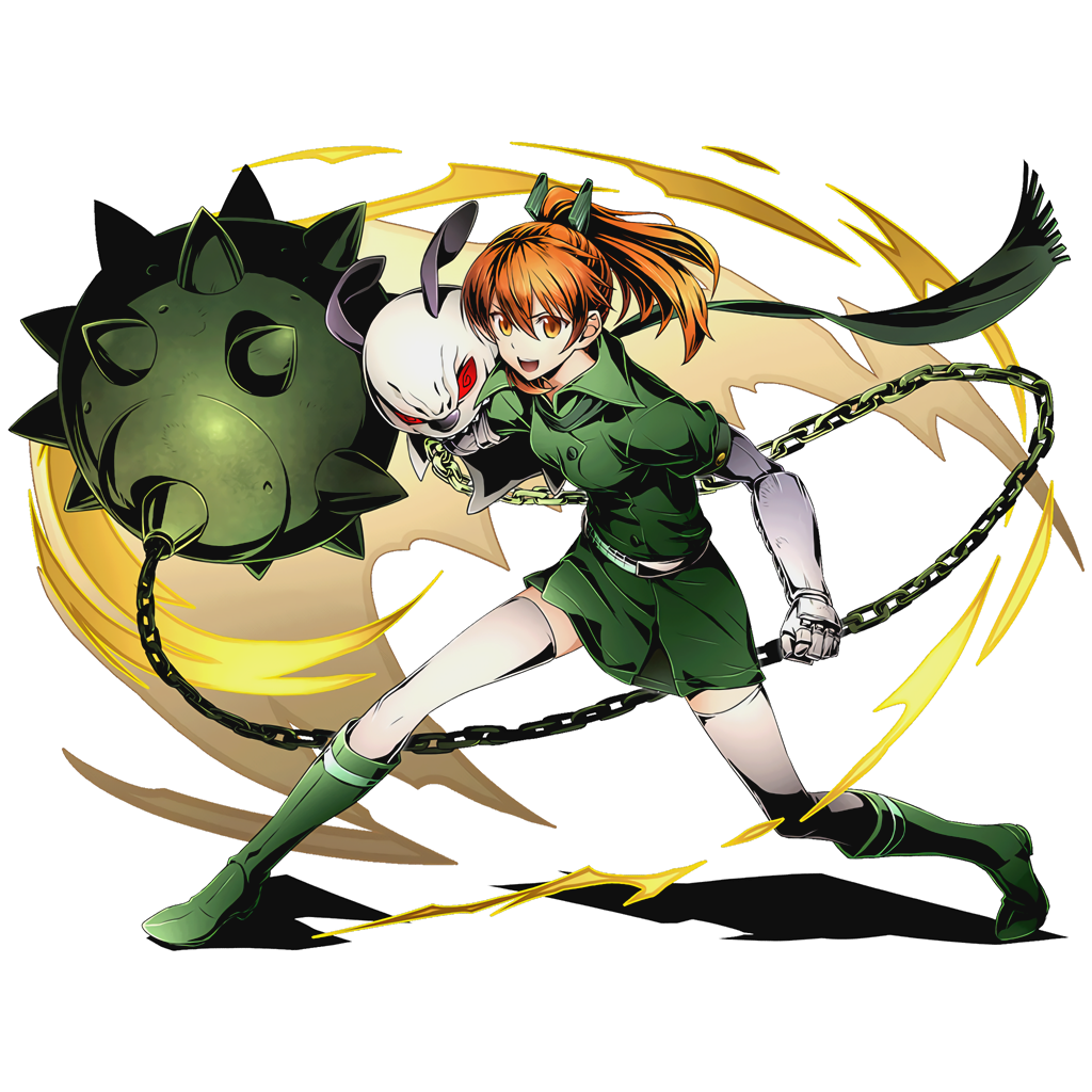 1girl akame_ga_kill! boots brown_eyes chains divine_gate dog full_body green_boots green_scarf green_shirt green_skirt hair_between_eyes hair_ornament hekatonkheires high_ponytail holding holding_weapon kneeboots long_hair official_art open_mouth orange_hair pleated_skirt red_eyes scarf seryu_ubiquitous shirt skirt solo thigh-highs transparent_background ucmm weapon white_legwear