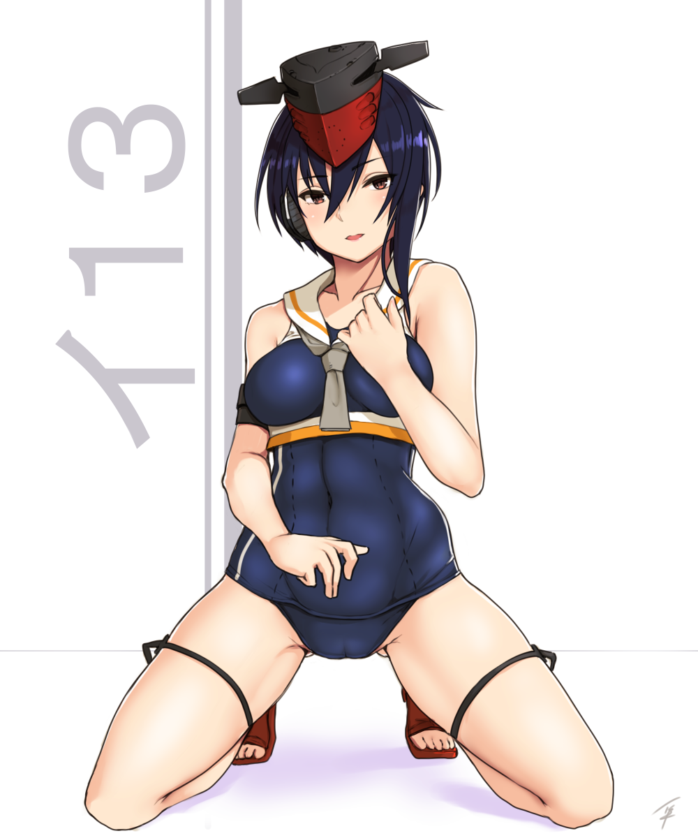 1girl asymmetrical_hair bare_shoulders black_hair brown_eyes gloves hair_between_eyes headphones highres i-13_(kantai_collection) kantai_collection looking_at_viewer one_eye_closed open_toe_shoes partly_fingerless_gloves sailor_collar school_swimsuit shoes short_hair simple_background single_glove smile solo swimsuit taka_(vert_320) white_background