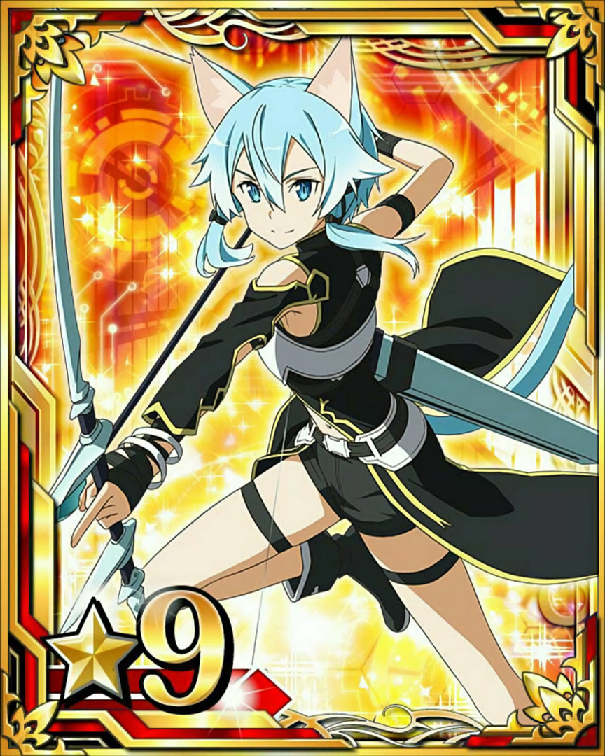1girl animal_ears arrow black_ribbon black_shoes black_shorts blue_eyes blue_hair bow_(weapon) bracelet breastplate card_(medium) cat_ears cat_tail detached_sleeves hair_between_eyes hair_ribbon holding holding_weapon index_finger_raised jewelry number one_leg_raised ribbon shinon_(sao-alo) shoes short_hair_with_long_locks short_shorts shorts sidelocks smile solo star sword_art_online tail thigh_strap weapon