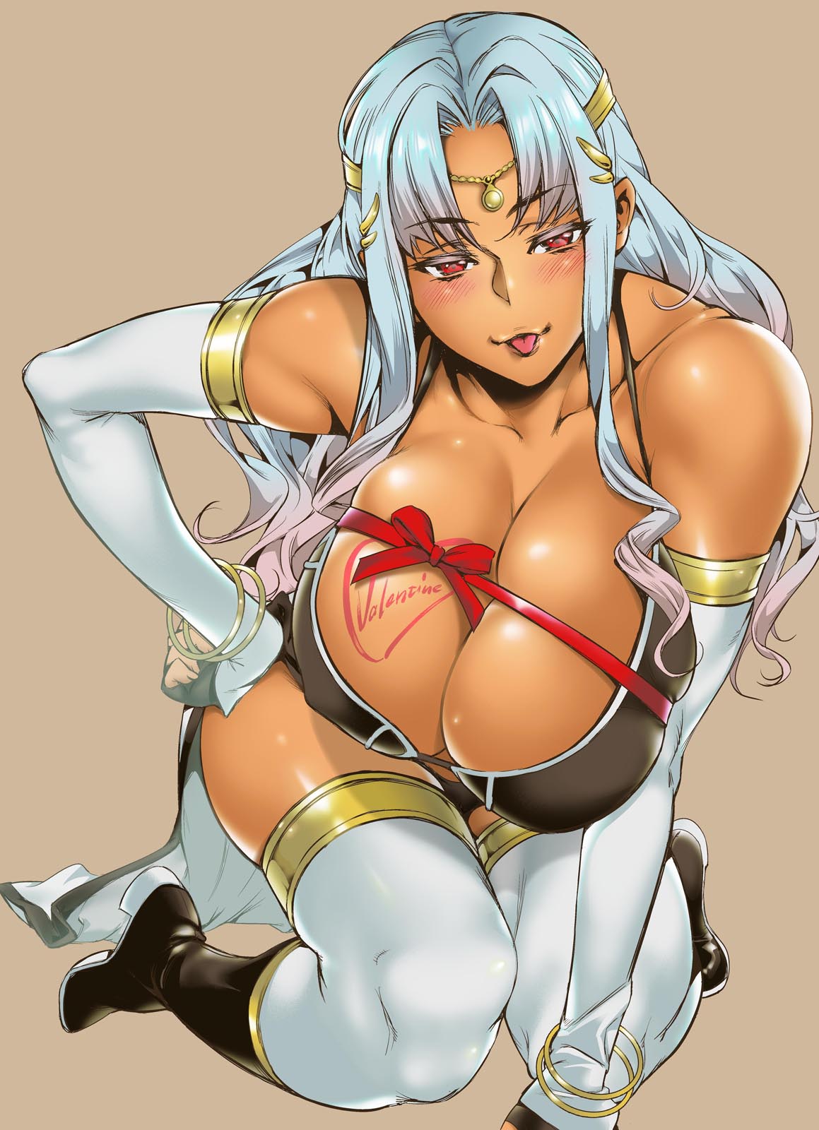 1girl :p bare_shoulders blue_hair blush breasts brown_background cleavage daniella_(sennen_sensou_aigis) dark_skin elbow_gloves gloves hand_on_hip highres kneeling large_breasts long_hair looking_at_viewer red_eyes sennen_sensou_aigis shigaoka simple_background solo tongue tongue_out valentine white_gloves
