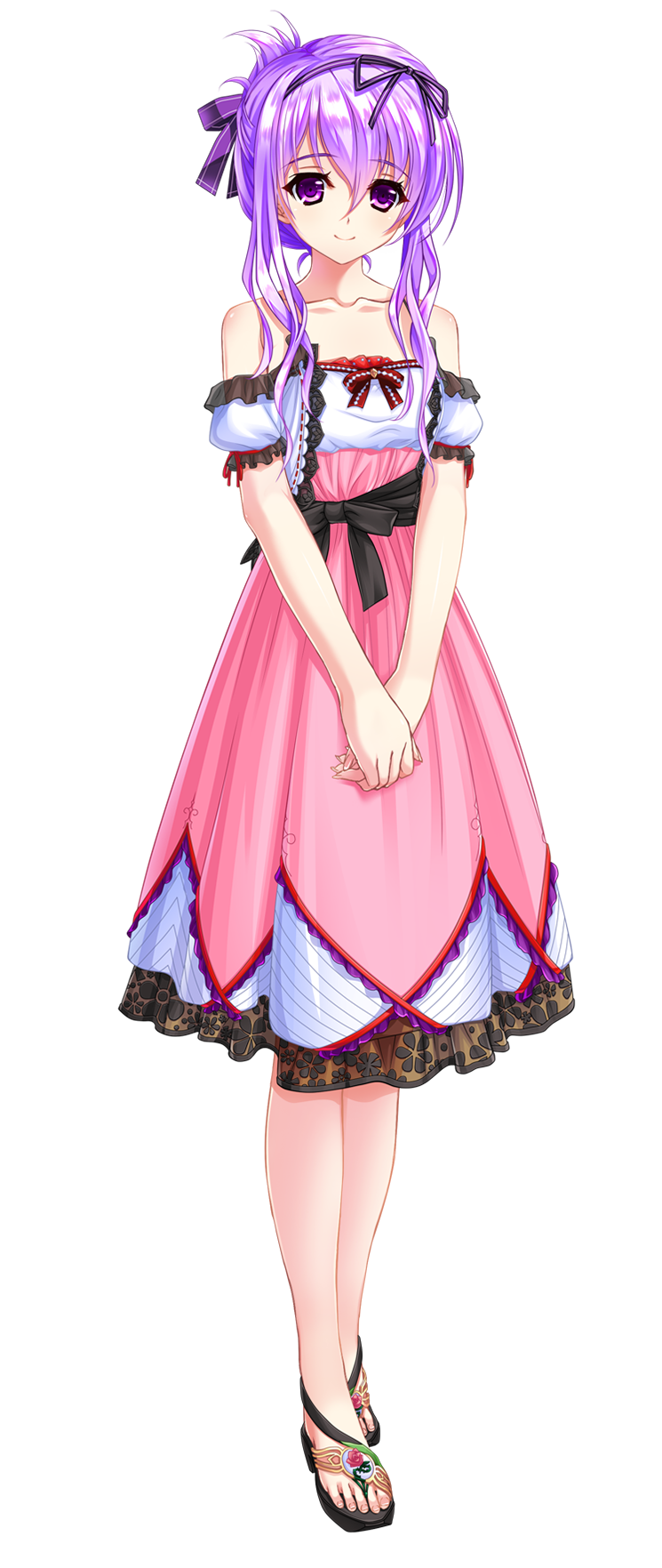 1girl amasaka_takashi bare_shoulders bow dress eyebrows_visible_through_hair full_body hair_bow highres looking_at_viewer mirufina_sol_ereanoruto official_art pleated_skirt purple_hair ribbon sandals short_sleeves skirt smile solo standing thigh-highs transparent_background unionism_quartet violet_eyes