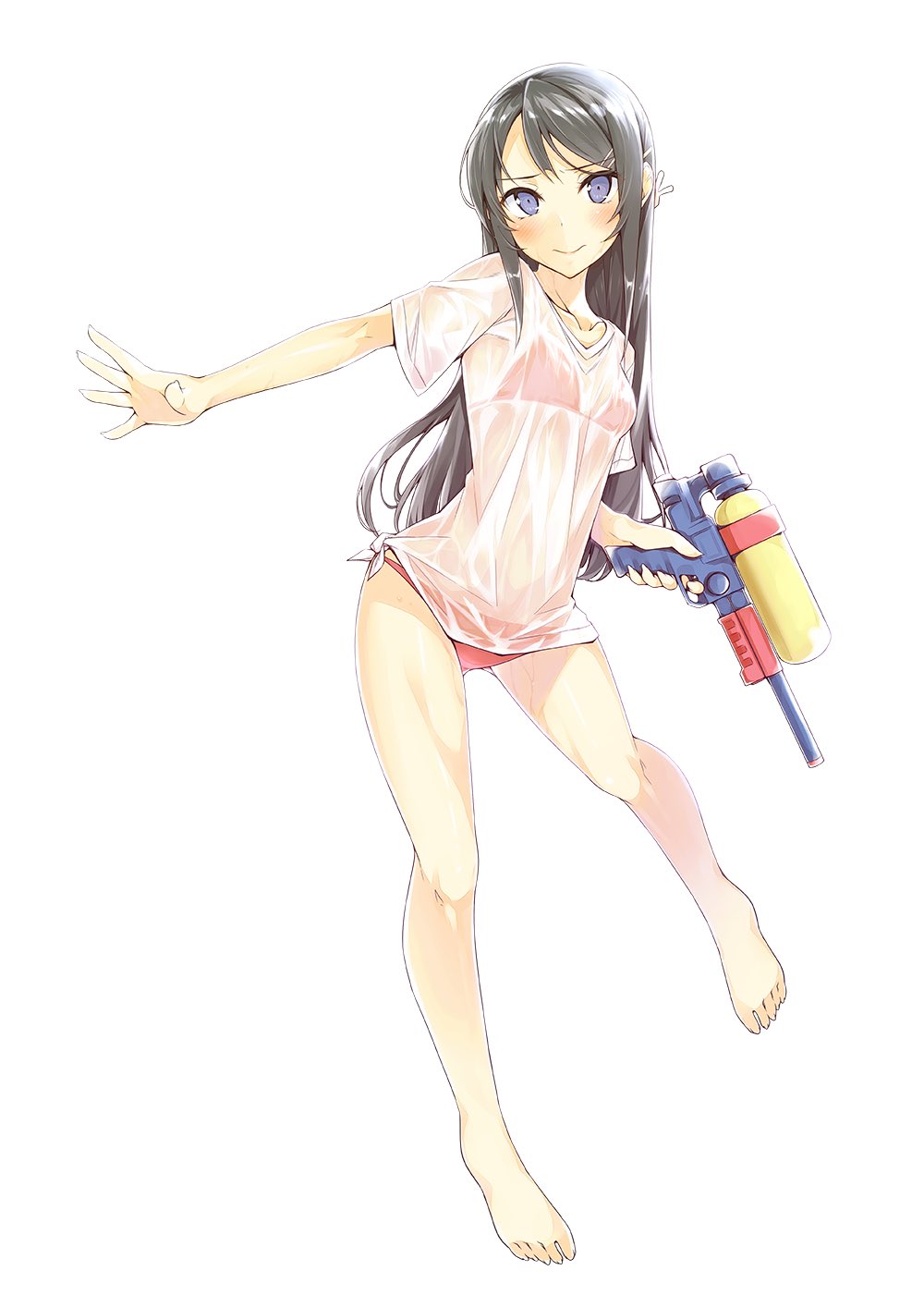 1girl artist_request barefoot bikini black_hair blue_eyes collarbone full_body gun hair_ornament highres holding holding_gun holding_weapon long_hair looking_at_viewer red_bikini sakurajima_mai see-through seishun_buta_yarou shirt simple_background smile solo swimsuit tied_shirt water_gun weapon wet wet_clothes wet_shirt white_background white_shirt