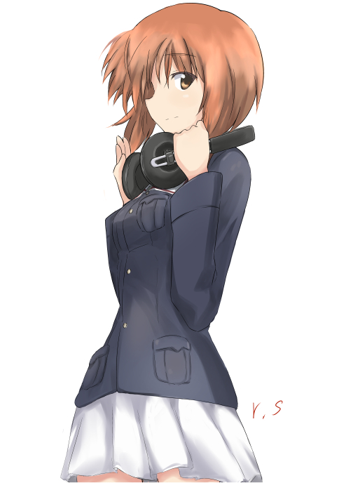 bangs blue_jacket brown_eyes brown_hair closed_mouth cowboy_shot from_side girls_und_panzer hands_on_headphones headphones headphones_around_neck holding jacket light_smile long_sleeves looking_at_viewer military military_uniform miniskirt nishizumi_miho pleated_skirt shino_(ten-m) short_hair signature simple_background skirt standing uniform white_background white_skirt