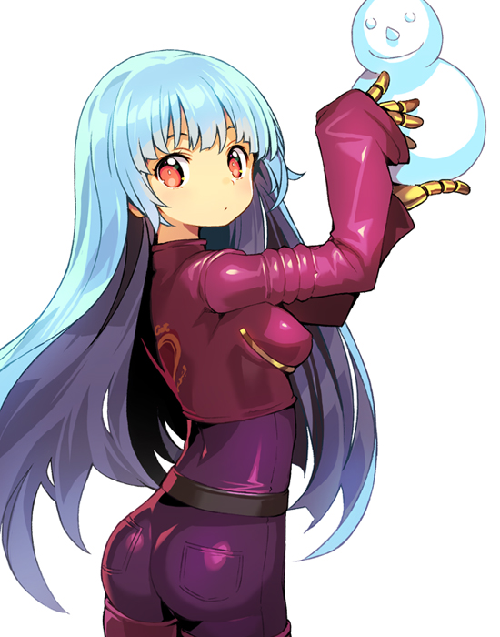 1girl :o arms_up belt blue_hair bodysuit boots breasts cowboy_shot cropped_jacket from_side gloves gradient_hair hands_up holding jacket kula_diamond long_hair looking_at_viewer medium_breasts multicolored_hair open_mouth pants pocket purple_boots purple_hair purple_pants red_eyes shunin simple_background small_breasts snowman solo the_king_of_fighters the_king_of_fighters_xiv thigh-highs thigh_boots two-tone_hair very_long_hair white_background