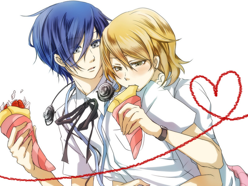 1boy 1girl arisato_minato eating headphones heart hug hug_from_behind jacket parfait persona persona_3 shirt simple_background takeba_yukari white_background yuuki_makoto