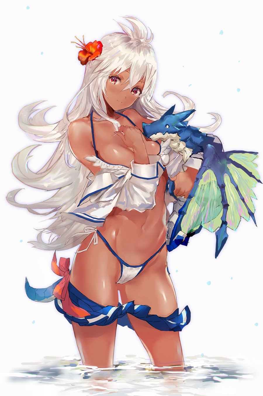 1girl ahoge bikini blush breasts cleavage contrapposto dark_skin dragon flower gluteal_fold granblue_fantasy hair_between_eyes hair_flower hair_ornament hand_on_own_chest hibiscus highleg highleg_bikini highres hitaki_yuu long_hair looking_at_viewer navel off_shoulder pleated_skirt red_eyes side-tie_bikini silver_hair skirt skirt_pull smile solo string_bikini swimsuit the_order_grande very_long_hair wading white_bikini