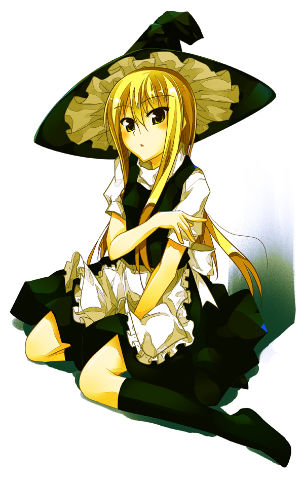 1girl blonde_hair female footwear hat kirisame_marisa long_hair sazanami_mio socks solo touhou witch_hat yellow_eyes