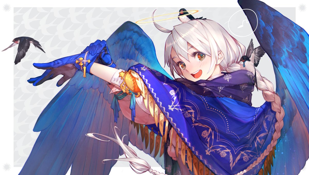 1girl :d ahoge animal animal_on_hand animal_on_head bird bird_on_hand bird_on_head blue_gloves blue_wings blush braid brown_eyes cape eyebrows_visible_through_hair feathered_wings from_behind gloves hair_between_eyes halo hands_up long_hair looking_at_viewer looking_back musical_note on_head open_mouth original quaver round_teeth scarf shirt single_braid smile solo sparrow spoken_musical_note spread_wings suzume_yuu teeth upper_body very_long_hair white_hair wings