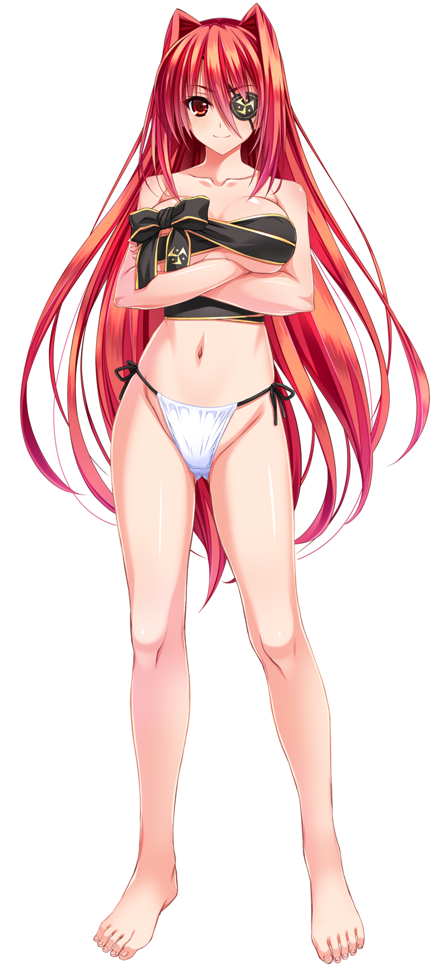1girl amasaka_takashi bangs bare_shoulders barefoot bikini breasts crossed_arms eyebrows_visible_through_hair eyepatch feet full_body highres large_breasts long_hair looking_at_viewer navel orange_hair red_eyes ribbon side-tie_bikini smile solo standing swimsuit toes transparent_background unionism_quartet very_long_hair