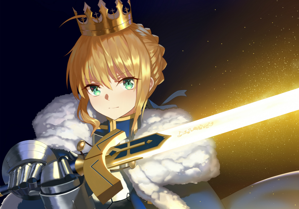 1girl blonde_hair crown excalibur fate/stay_night fate_(series) gauntlets glowing glowing_sword glowing_weapon green_eyes holding holding_sword holding_weapon light_particles mr_cloud saber short_hair solo sword weapon