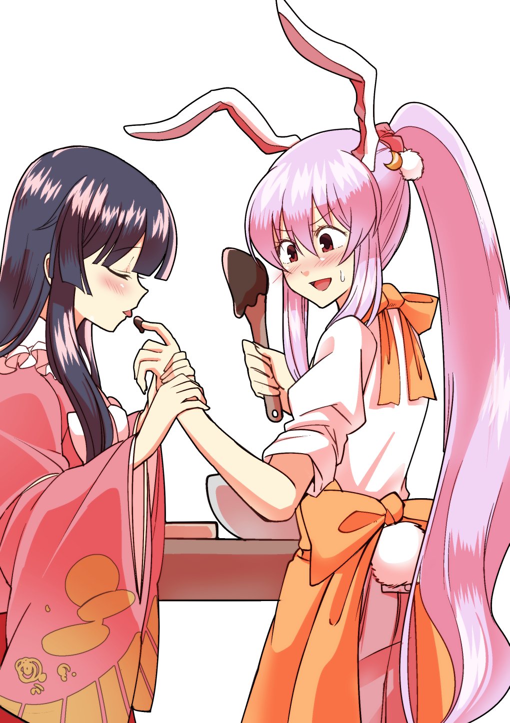 2girls alternate_hairstyle animal_ears apron bangs black_hair blush bunny_tail chocolate closed_eyes commentary crescent finger_licking hand_on_another's_arm highres hime_cut houraisan_kaguya lavender_hair licking long_hair long_sleeves looking_at_another mana_(gooney) multiple_girls pleated_skirt ponytail purple_hair rabbit_ears red_eyes reisen_udongein_inaba shirt short_sleeves simple_background skirt smile spatula sweatdrop tail tied_hair touhou valentine very_long_hair white_background white_shirt wide_sleeves wrist_grab yuri