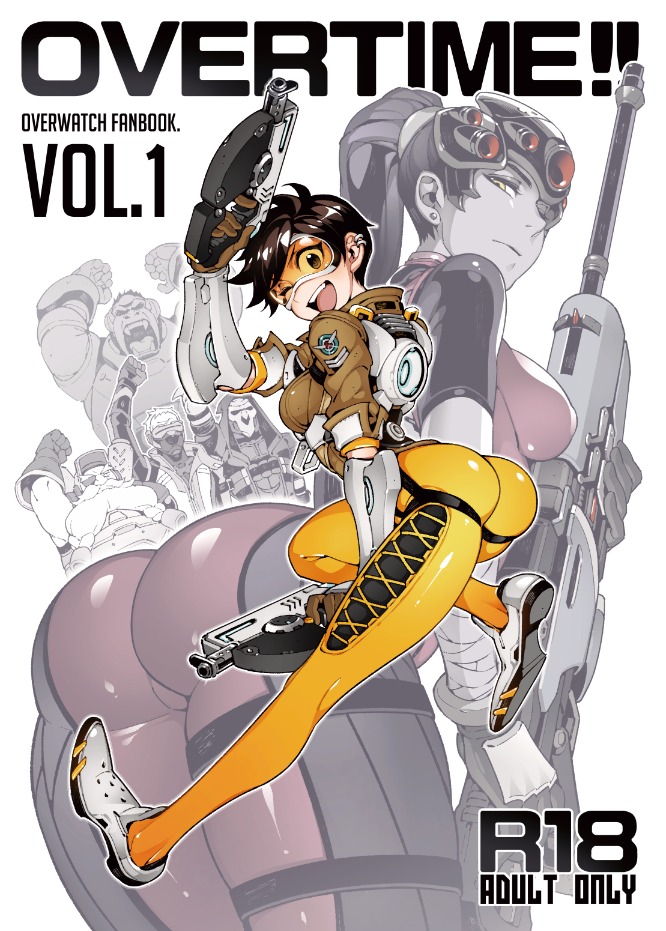 2girls 4boys arm_up ass blue_skin bodysuit bomber_jacket brown_hair cover cover_page doujin_cover dual_wielding ear_piercing fishine goggles gun jacket long_hair multiple_boys multiple_girls one_eye_closed open_mouth overwatch piercing ponytail reaper_(overwatch) rifle short_hair smile sniper_rifle soldier:_76_(overwatch) submachine_gun torbjorn_(overwatch) tracer_(overwatch) weapon widowmaker_(overwatch) winston_(overwatch)