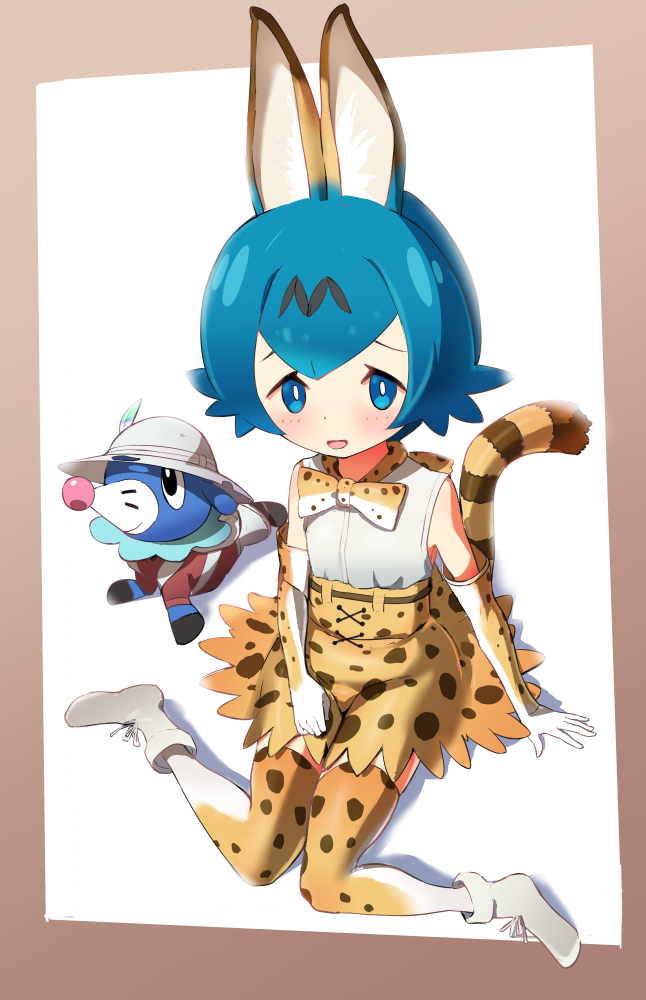 1girl animal_ears bare_shoulders blue_eyes blue_hair blush bow bowtie cat_ears cat_tail cosplay elbow_gloves gloves hair_ornament hat kemono_friends mushi_gyouza open_mouth pokemon pokemon_(game) pokemon_sm popplio serval_(kemono_friends) serval_(kemono_friends)_(cosplay) serval_ears serval_tail short_hair simple_background sleeveless suiren_(pokemon) tail thigh-highs trial_captain white_background