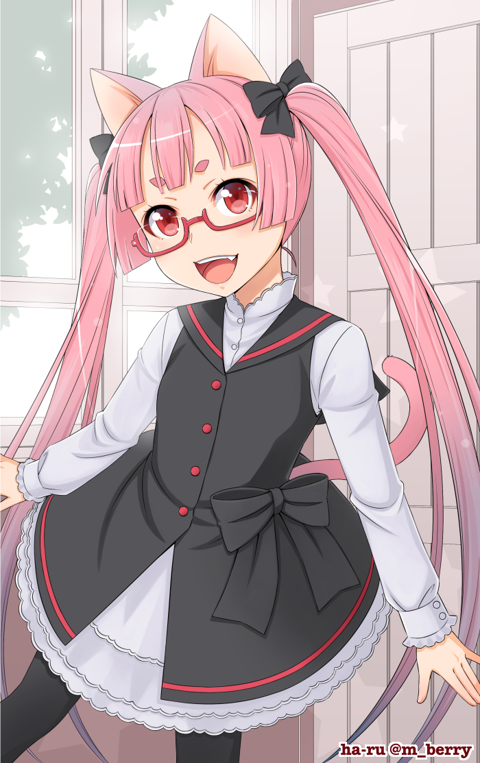 1girl animal_ears artist_name black_legwear cat_ears cat_tail commentary_request dress eyebrows fang glasses ha-ru hair_ornament hair_ribbon long_hair multicolored_hair open_mouth original pink_hair red_eyes ribbon smile solo tail twintails twitter_username