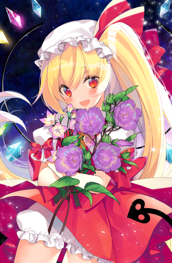 1girl blonde_hair blush bouquet flandre_scarlet flower hat hat_ribbon looking_at_viewer mob_cap open_mouth red_eyes red_ribbon ribbon roh_nam_kyung smile solo touhou wings
