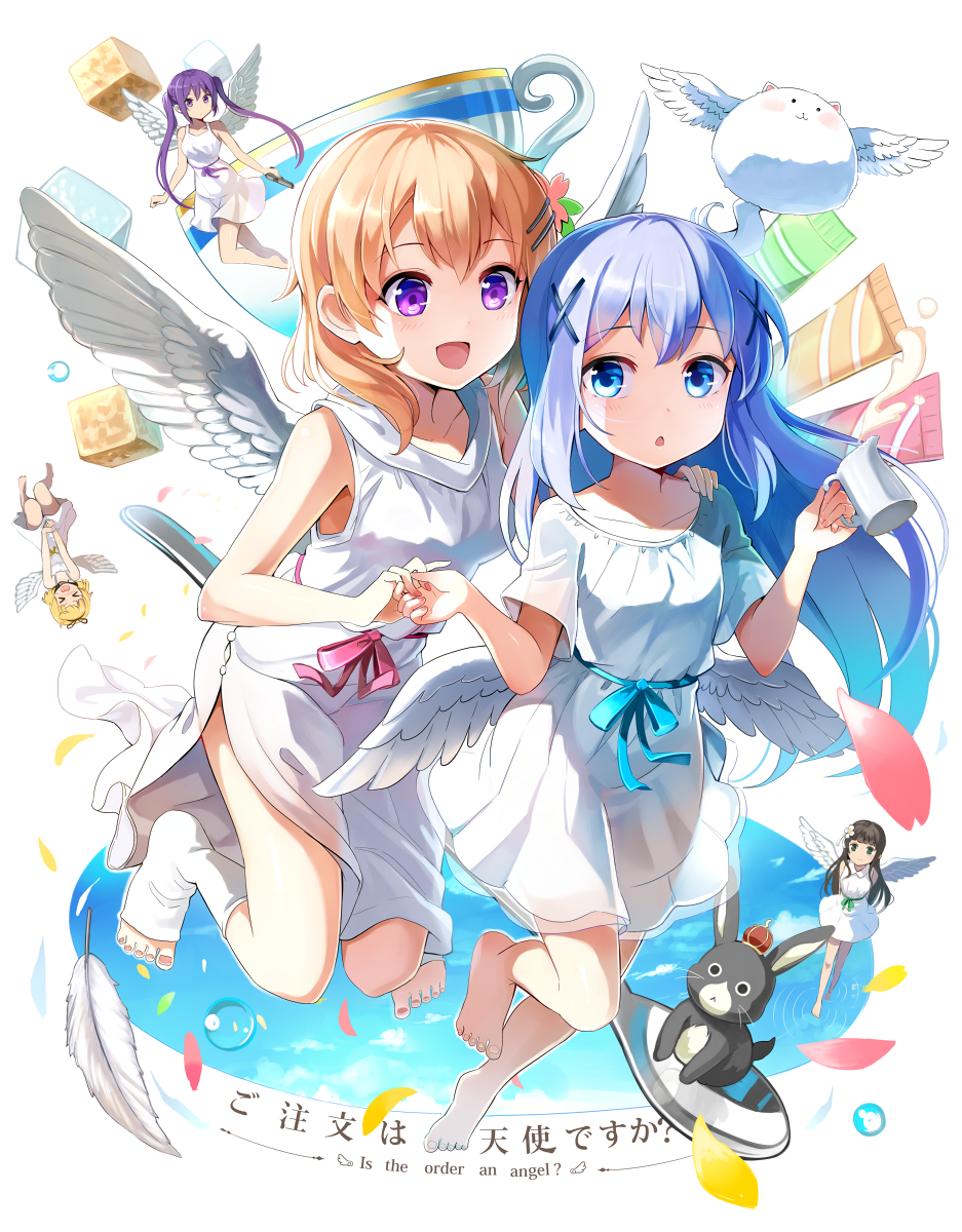 &gt;_&lt; 5girls :&lt; :d angel anko_(gochiusa) arms_behind_back barefoot blonde_hair blue_eyes blue_hair brown_hair bubble closed_eyes closed_mouth crown cup dress emerane english feet flower gochuumon_wa_usagi_desu_ka? green_eyes gun hair_flower hair_ornament hairclip handgun highres hoto_cocoa kafuu_chino kirima_sharo long_hair mini_crown multiple_girls open_mouth pistol purple_hair ripples smile spoon sugar_cube teacup tedeza_rize tippy_(gochiusa) toeless_legwear toeless_socks toes twintails ujimatsu_chiya upside-down very_long_hair violet_eyes weapon white_background white_dress white_wings wings x_hair_ornament