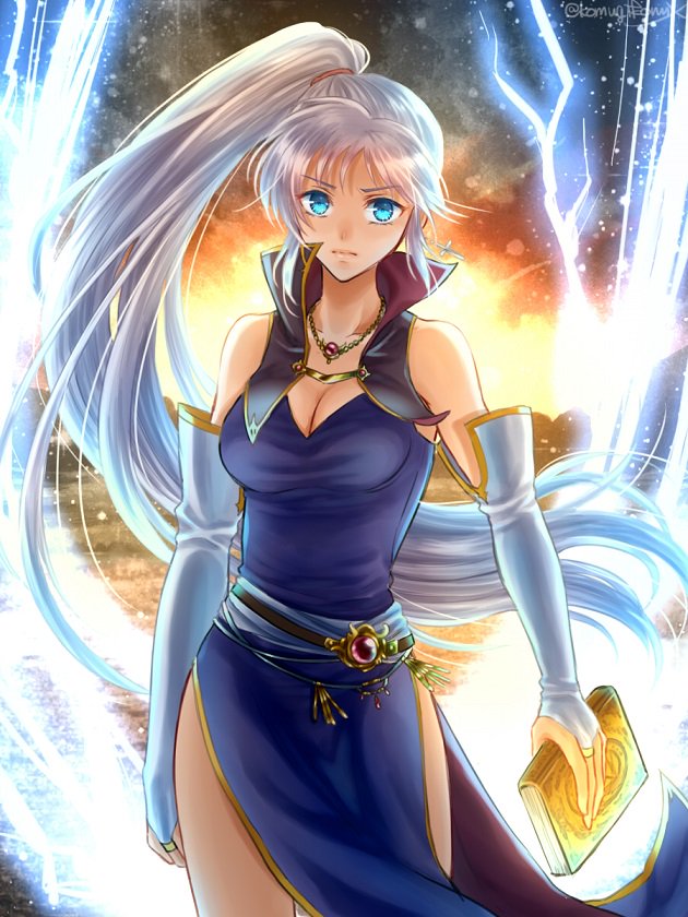 1girl bare_shoulders blue_eyes book cleavage_cutout elbow_gloves fire_emblem fire_emblem:_seisen_no_keifu fire_emblem:_thracia_776 gloves holding ishtar_(fire_emblem) komugikomix lightning lightning_bolt looking_at_viewer ponytail solo white_hair