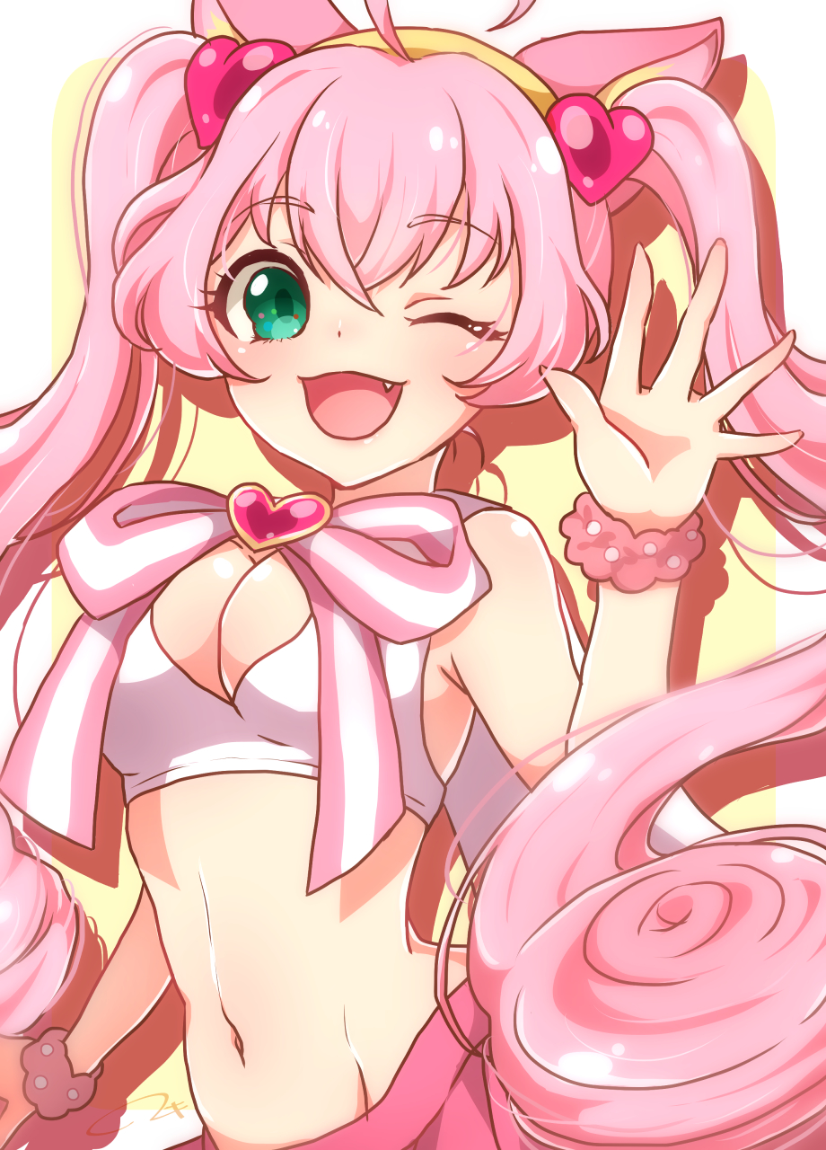 1girl ;) animal_ears bow breasts cat_ears cleavage cleavage_cutout green_eyes hair_ornament hairband heart highres long_hair looking_at_viewer midriff navel niki_(nikism1987) one_eye_closed open_mouth pink_hair rosia_(show_by_rock!!) show_by_rock!! signature smile solo twintails very_long_hair