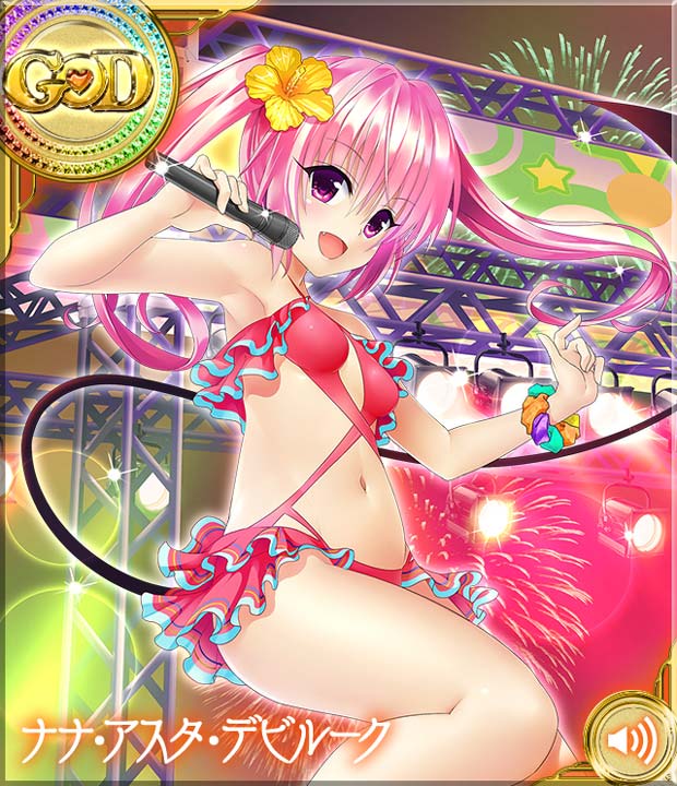 1girl armpits arms_up bikini dancing fang fireworks flower hair_flower hair_ornament idol long_hair microphone music nana_asta_deviluke navel official_art open_mouth pink_eyes pink_hair singing smile solo stage swimsuit tail to_love-ru to_love-ru_darkness:_idol_revolution twintails