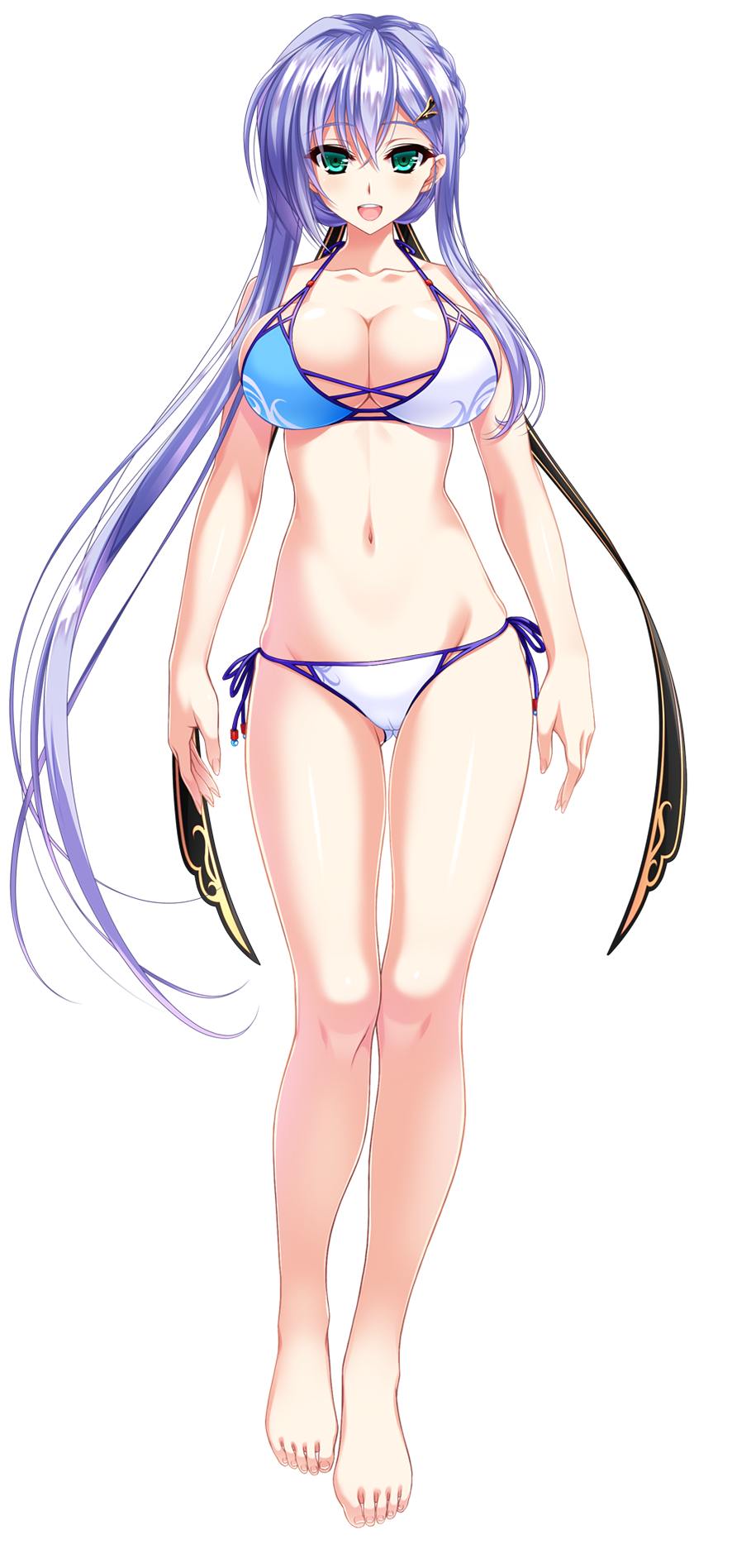 1girl amasaka_takashi aqua_eyes bare_shoulders barefoot bikini breasts cleavage eyebrows_visible_through_hair feet full_body hair_ornament hairclip highres large_breasts lavender_hair long_hair looking_at_viewer navel selphine_flowlight side-tie_bikini smile solo standing swimsuit toes transparent_background unionism_quartet very_long_hair