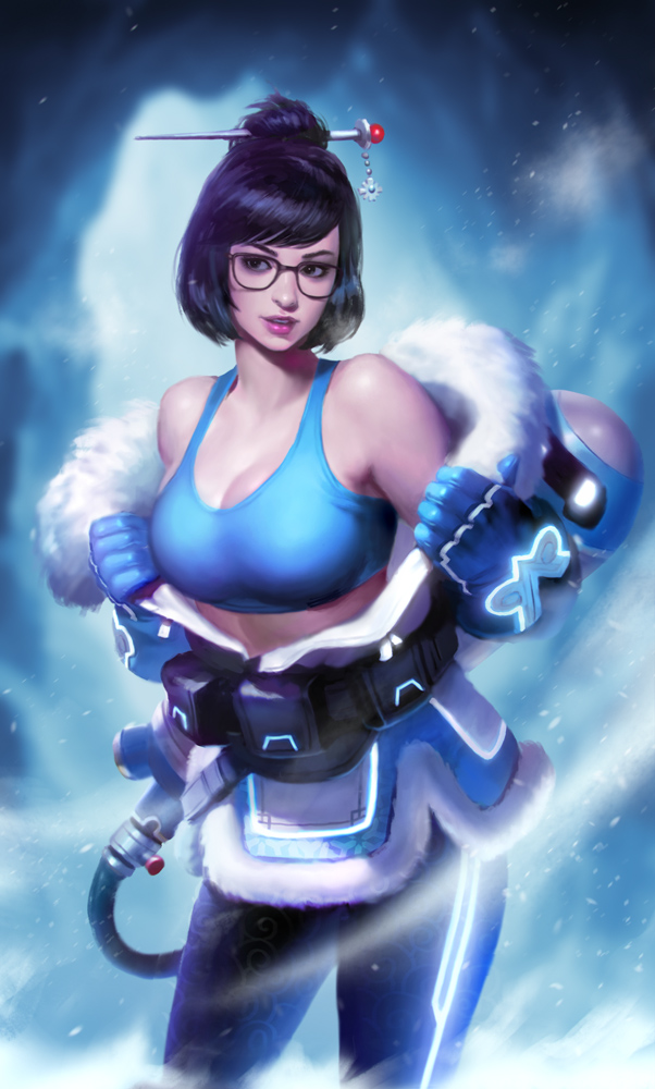 1girl bangs bare_shoulders beads belt belt_pouch black-framed_eyewear blizzard blue_gloves blue_legwear breasts brown_eyes brown_hair canister cleavage coat collarbone contrapposto cowboy_shot crop_top drone fur-trimmed_jacket fur_coat fur_trim glasses gloves hair_bun hair_ornament hair_stick jacket kilart large_breasts lips looking_to_the_side machinery mei_(overwatch) off_shoulder overwatch parka parted_lips print_legwear removing_jacket robot short_hair sidelocks snowball_(overwatch) snowflake_hair_ornament snowing solo swept_bangs tank_top undressing winter_clothes winter_coat
