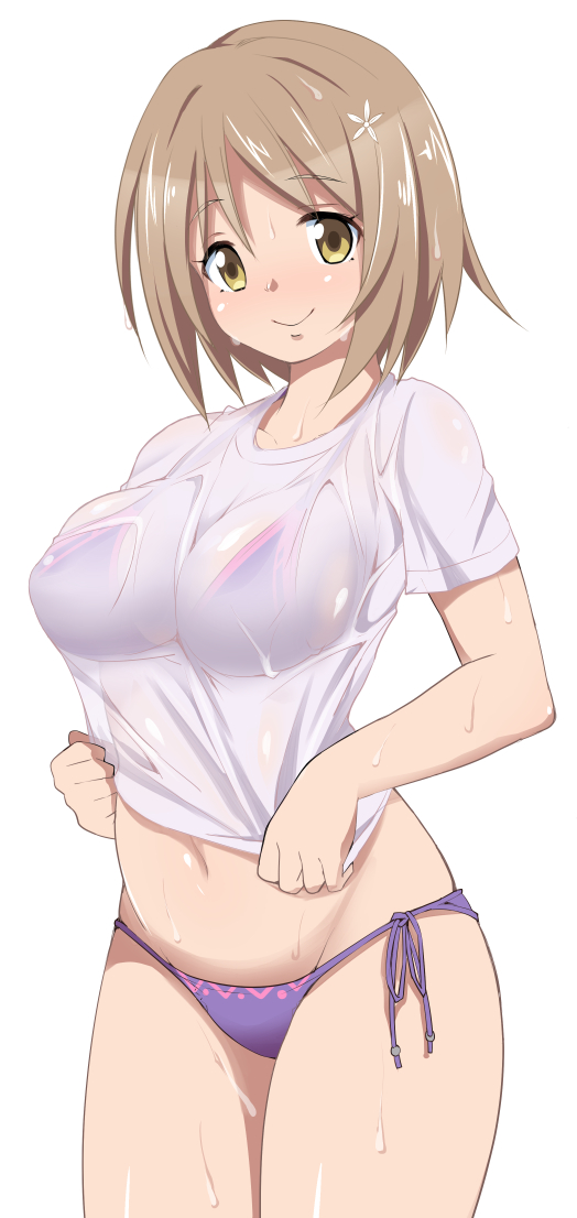 1girl blush breasts brown_hair endou_masatoshi hair_ornament idolmaster idolmaster_cinderella_girls looking_at_viewer mimura_kanako navel see-through smile solo swimsuit wet yellow_eyes