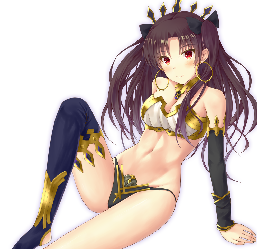 1girl arm_warmers bangs bare_legs black_panties blue_legwear blue_ribbon blush breasts brown_hair cleavage closed_mouth collarbone earrings eyebrows_visible_through_hair fate/grand_order fate_(series) hair_ribbon hoop_earrings ishtar_(fate/grand_order) jewelry leaning leaning_back long_hair looking_at_viewer medium_breasts misui navel neck_ring panties parted_bangs red_eyes ribbon shiny shiny_hair simple_background single_thighhigh sitting smile solo stomach swimsuit thigh-highs tohsaka_rin two_side_up white_background