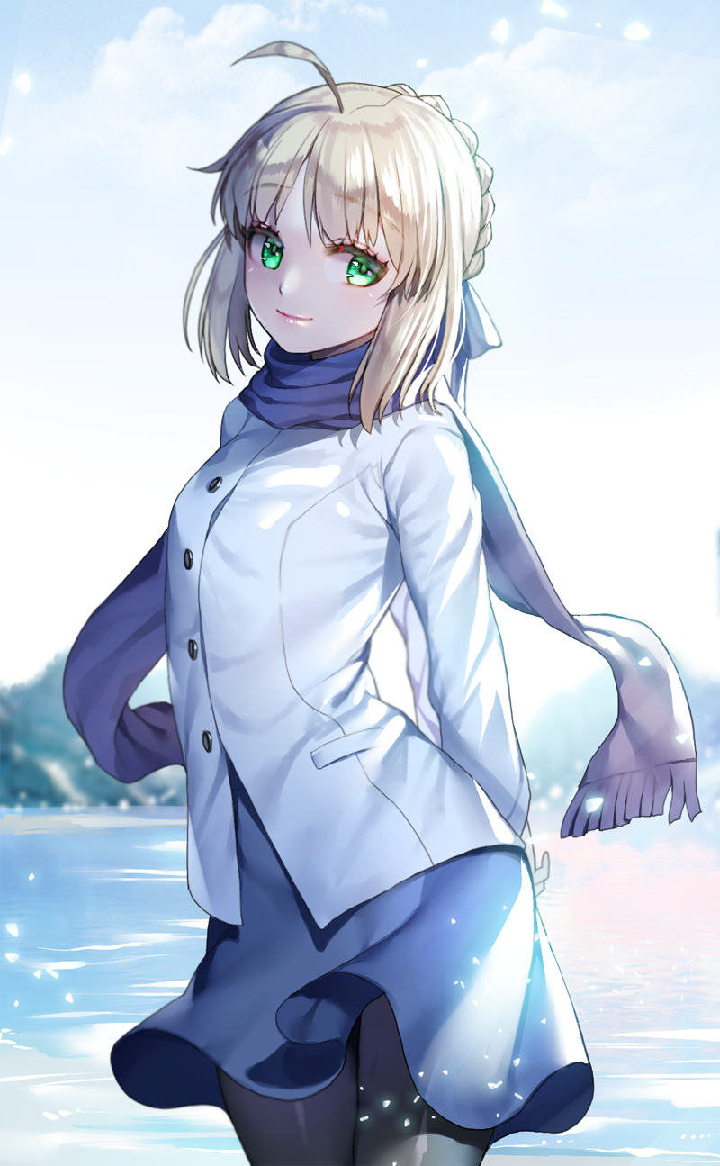 1girl ahoge arms_behind_back backlighting blonde_hair blue_skirt blurry braid breasts closed_mouth clouds cloudy_sky cowboy_shot day depth_of_field eyebrows_visible_through_hair eyelashes fate/stay_night fate_(series) ganik_(pisshine) glowing glowing_eyes green_eyes hair_ribbon highres jacket light_particles long_sleeves looking_at_viewer medium_breasts miniskirt mountain outdoors pantyhose pocket purple_scarf ribbon saber scarf skirt sky smile solo water_surface white_jacket