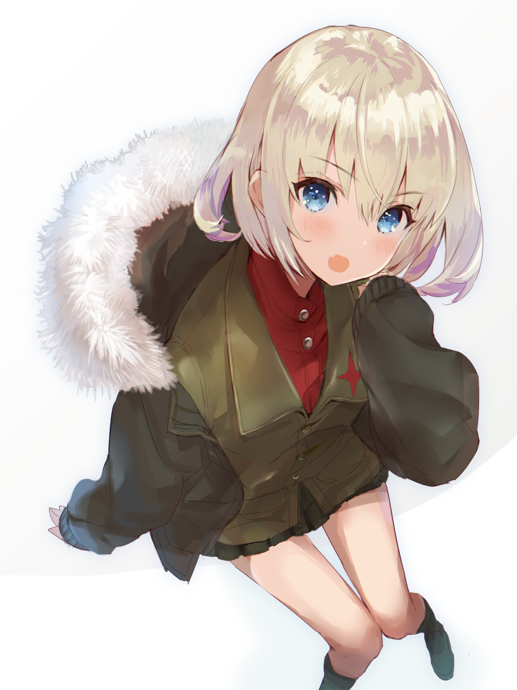 1girl artist_request blonde_hair blue_eyes blush coat commentary_request fang from_above fur-trimmed_coat fur_trim girls_und_panzer green_jacket hairband hitaki_yuu jacket katyusha long_sleeves looking_at_viewer looking_up open_mouth red_shirt shirt short_hair short_jumpsuit sitting skirt solo winter_clothes winter_coat