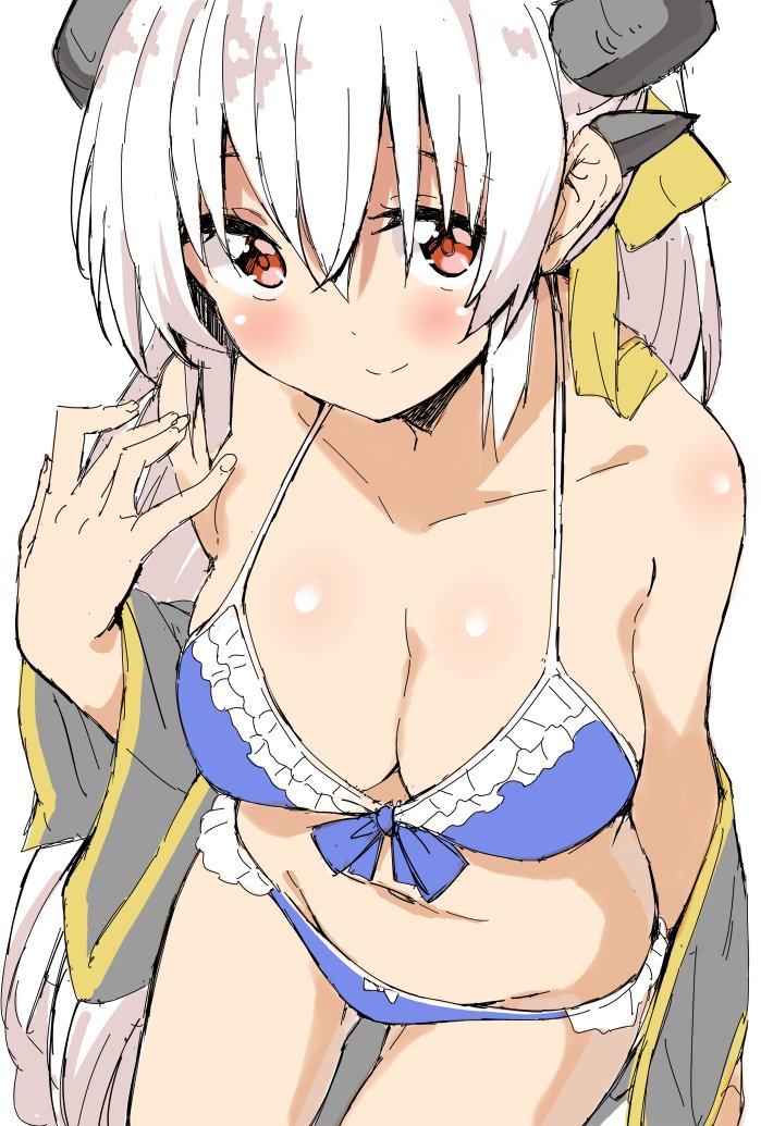 1girl bare_shoulders bikini blue_bikini blue_bow body_blush bow breasts cleavage closed_mouth collarbone copyright_request cowboy_shot dragon_horns frilled_bikini frills grey_jacket hair_bow horns jacket leaning_forward looking_at_viewer mamedenkyuu_(berun) medium_breasts navel open_clothes open_jacket ponytail red_eyes silver_hair simple_background sketch smile solo standing stomach swimsuit white_background yellow_bow