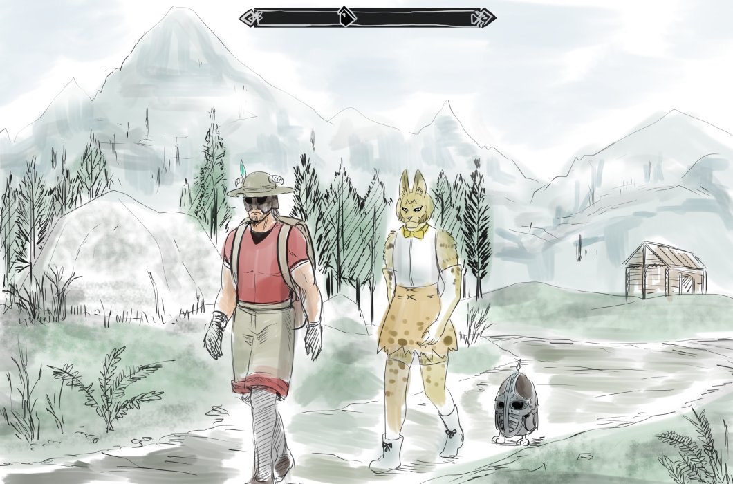 2boys backpack bag dovahkiin genderswap genderswap_(ftm) helmet kaban kemono_friends khajiit lucky_beast_(kemono_friends) male mountain multiple_boys serval_(kemono_friends) shirt t-shirt the_elder_scrolls the_elder_scrolls_v:_skyrim tree