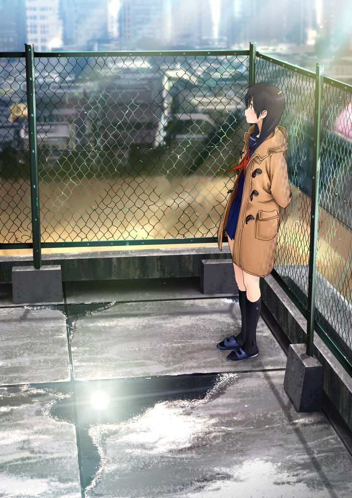 1girl after_rain bangs black_hair black_legwear blue_skirt chain-link_fence city domo1220 duffel_coat eyebrows_visible_through_hair fence from_side kneehighs light_rays looking_to_the_side open_mouth original pleated_skirt profile puddle rooftop sandals school_uniform serafuku skirt solo standing