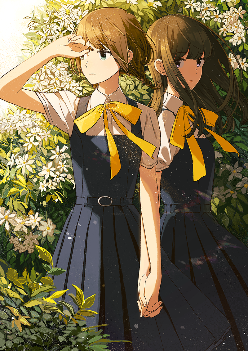 2girls bangs belt belt_buckle blue_dress blue_skirt blue_vest blunt_bangs bow bowtie braid brown_hair buckle bush closed_mouth dress dress_shirt eyebrows_visible_through_hair flower green_eyes hand_holding hand_to_head hand_up kurokeisin long_dress long_hair looking_at_viewer multiple_girls neck_ribbon original plant pleated_skirt ribbon school_uniform shading_eyes shirt short_braid short_hair short_sleeves side_braid skirt sleeveless sleeveless_dress vest violet_eyes white_shirt yellow_bow yellow_bowtie yellow_ribbon