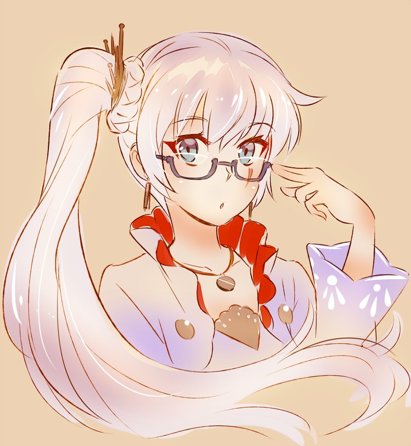 1girl blue_eyes commentary earrings eye_scar glasses hair_ornament iesupa jewelry necklace ponytail rwby solo weiss_schnee white_hair