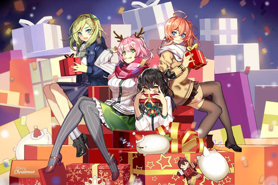 4girls :d :p black_hair black_legwear blonde_hair blue_eyes blush box breasts brown_hair character_request gift gift_box green_eyes high_heels loafers miyazaki_byou multiple_girls official_art open_mouth pantyhose pink_hair pleated_skirt ponytail scarf shoes sitting skirt smile thigh-highs tongue tongue_out yellow_eyes zhan_jian_shao_nyu