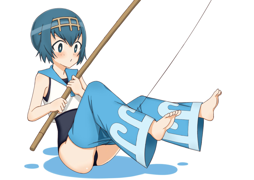 &gt;:o 1girl :o ass bangs bare_arms bare_shoulders barefoot black_pants black_swimsuit blue_eyes blue_hair blush bright_pupils chestnut_mouth crop_top eyebrows_visible_through_hair feet fishing_rod full_body hair_between_eyes hairband holding holding_fishing_rod legs_up one-piece_swimsuit open_mouth pants pokemon pokemon_(game) pokemon_sm sailor_collar shirt short_hair simple_background sitting sleeveless sleeveless_shirt solo suiren_(pokemon) swimsuit swimsuit_under_clothes toes toshishikisai trial_captain white_background white_shirt