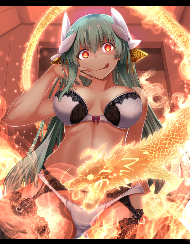 1girl aqua_hair breasts cleavage commentary_request dragon empty_eyes fate/grand_order fate_(series) hair_ornament horns kiyohime_(fate/grand_order) large_breasts long_hair looking_at_viewer smile solo swimsuit tongue tongue_out yandere yandere_trance yellow_eyes yuge_(yuge_bakuhatsu)