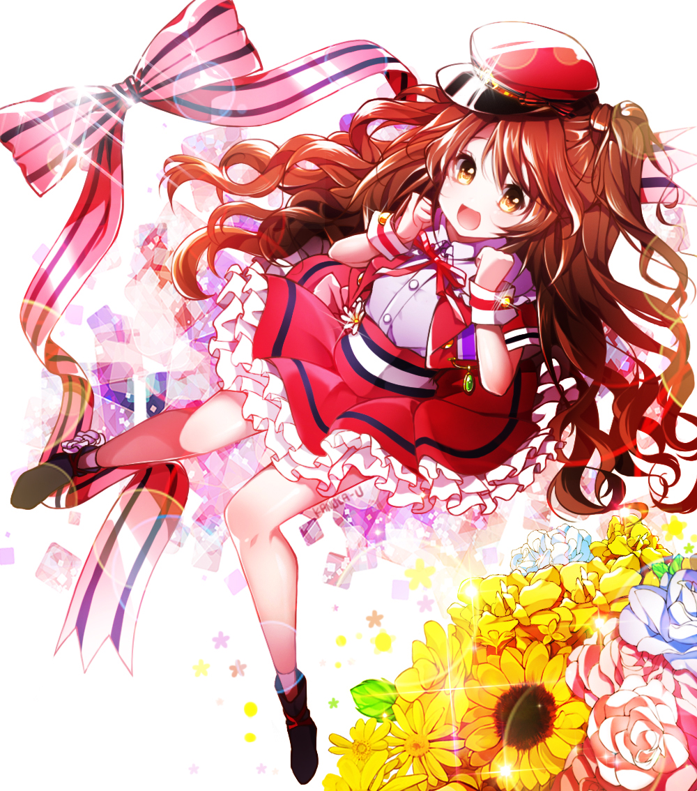 1girl :d blue_flower bow brown_eyes brown_hair dekitate_evo!_revo!_generation! dress_shirt flower full_body hat idolmaster idolmaster_cinderella_girls kanola_u layered_skirt long_hair neck_ribbon one_side_up open_mouth pink_flower red_hat red_skirt ribbon shimamura_uzuki shirt skirt smile solo striped striped_bow sunflower very_long_hair visor_cap white_ribbon white_shirt yellow_flower