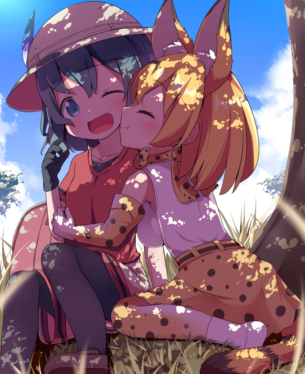 2girls animal_ears backpack bag bare_shoulders black_hair black_legwear blonde_hair blue_eyes blue_sky blurry blush bow bowtie breasts closed_eyes clouds day depth_of_field elbow_gloves gloves grass hat highres hug kaban kemono_friends looking_at_viewer makuran multiple_girls nature one_eye_closed open_mouth outdoors safari_hat serval_(kemono_friends) serval_ears serval_tail shirt short_hair sitting skirt sky sleeveless smile tail tree tree_shade wariza