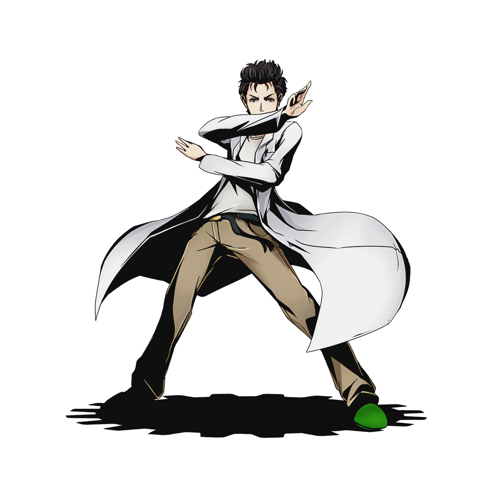 1girl belt black_hair brown_eyes brown_pants divine_gate full_body green_shoes labcoat looking_at_viewer official_art okabe_rintarou pants shoes solo spiky_hair steins;gate transparent_background ucmm