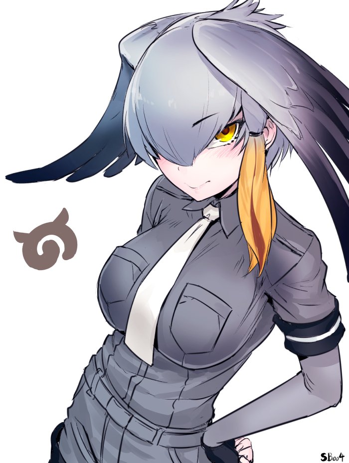 1girl :&gt; bangs belt bird blush bodystocking bodysuit breast_pocket breasts collar collared_shirt ears eyebrows_visible_through_hair fingerless_gloves gloves grey_hair grey_legwear grey_shirt hand_on_hip head_wings kemono_friends long_hair looking_at_viewer low_ponytail multicolored_hair necktie pocket shirt shoebill shoebill_(kemono_friends) simple_background smile soropippub white_background yellow_eyes