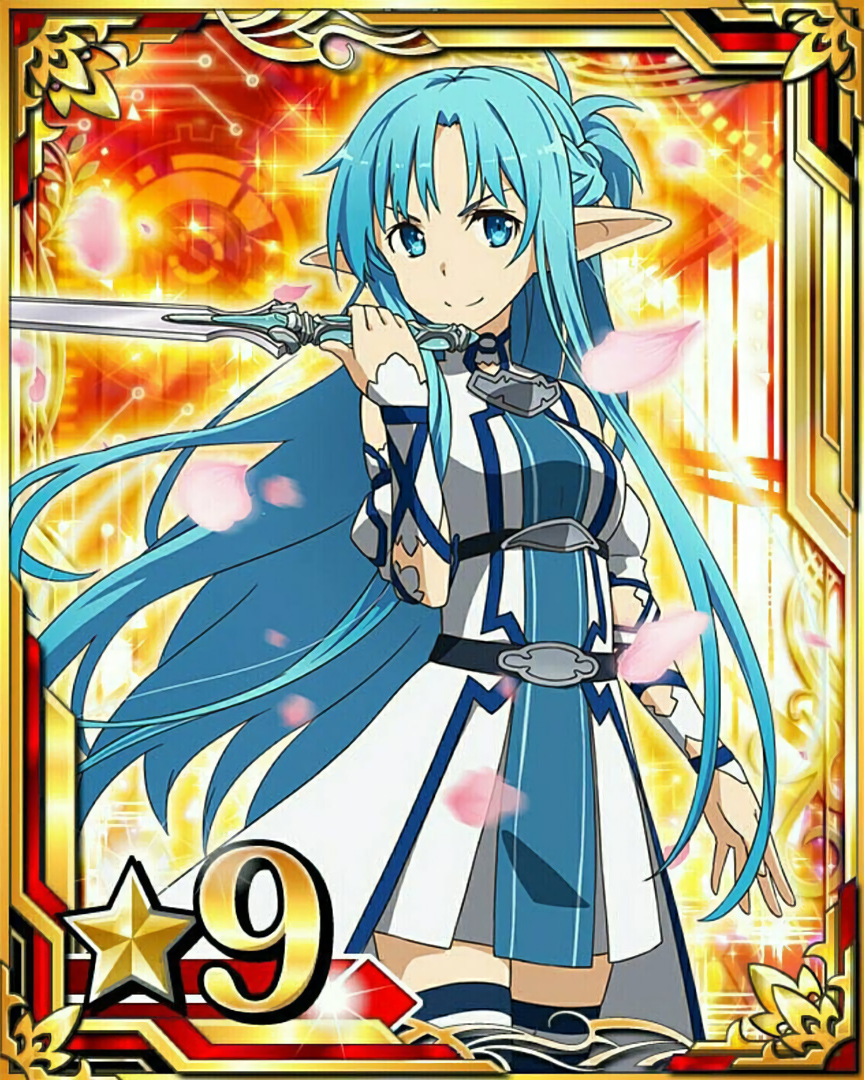 1girl asuna_(sao-alo) blue_eyes blue_hair blue_legwear blue_ribbon card_(medium) cherry_blossoms detached_sleeves dress holding holding_sword holding_weapon long_hair looking_at_viewer number pleated_dress pointy_ears ribbon sleeveless sleeveless_dress smile solo star sword sword_art_online thigh-highs weapon zettai_ryouiki